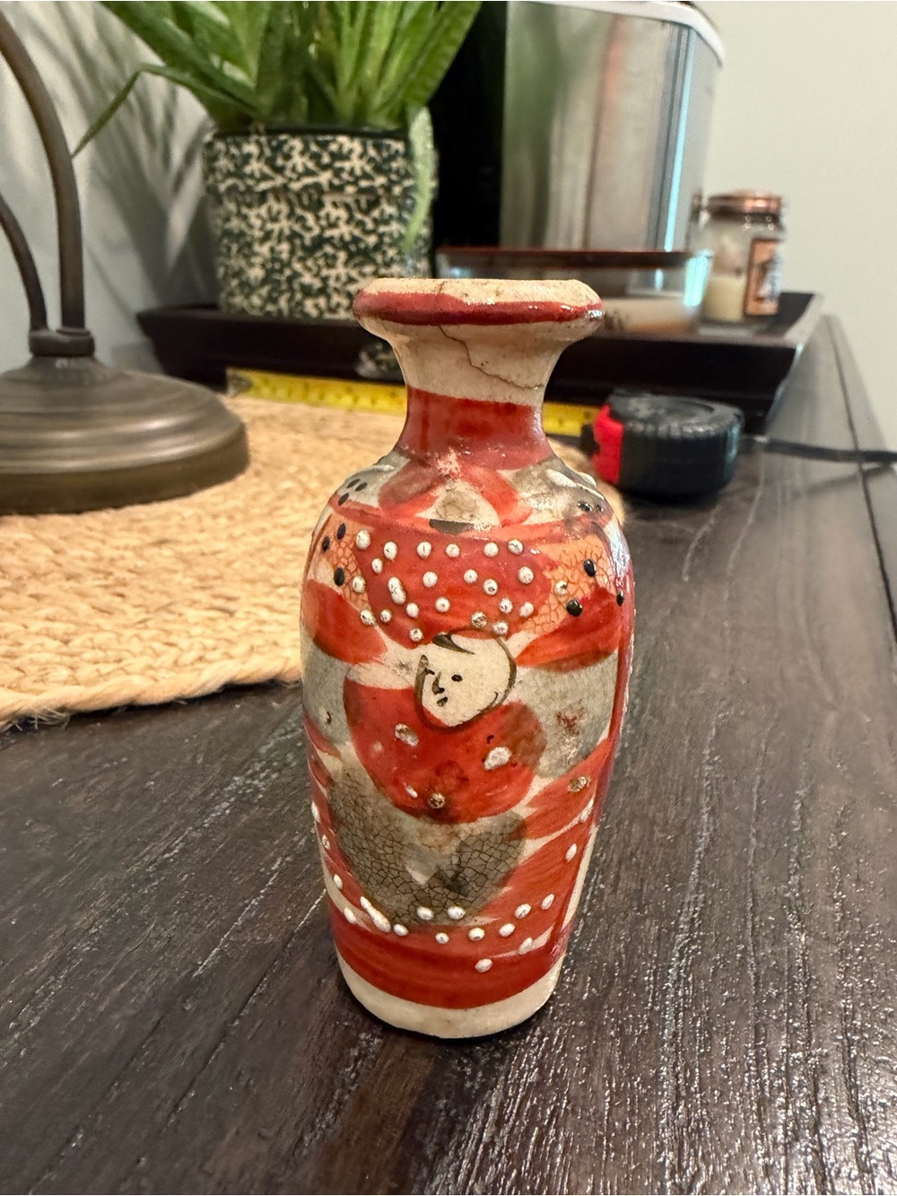 Vintage Small Japanese Earthenware Satsuma Moriage Baluster Vase c1930